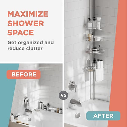 Zenna Home Tension Pole Shower Caddy Corner Organizer, Adjustable Standing Shower Caddy with 4 Baskets and Towel Bar, Rust Resistant Bathroom Tension Rod Organizer, 60 to 97 Inch, Satin Nickel