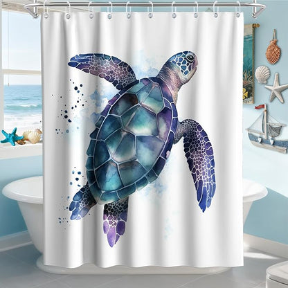 Funny Sea Turtle Shower Curtains Ocean Animal Cartoon Kids Theme Cloth Fabric Bathroom Decor Sets with Hooks Waterproof Washable 60W x 72H inches Teal Purple