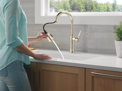 Delta Renaldi Polished Nickel Kitchen Faucet with Pull Down Sprayer, Modern Single Hole Kitchen Sink Faucet, Single Handle, Lumicoat Polished Nickel 9184-PN-PR-DST