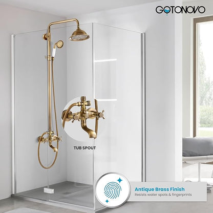 gotonovo Bathroom Exposed Shower Faucet Outdoor Shower System 8 Inch Rainfall Shower Head Set with Tub Spout and Handheld Spray Double Cross Handles Wall Mount without Shower Shelf Antique Brass