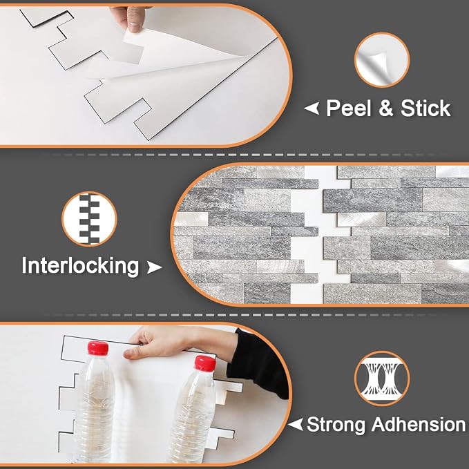 VAOVI Peel and Stick Tile Stone Backsplash for Kitchen Wall(5pcs,Gray)