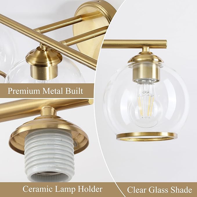 Brushed Gold Bathroom Vanity Light Over Mirror, 3 Light Bathroom Light Fixtures with Clear Globe Glass Shade, Modern Vanity Lighting Wall Mounted