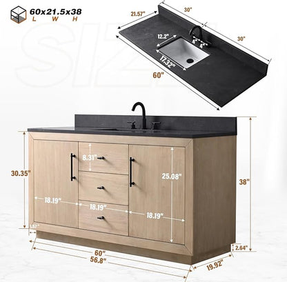 60 Inch Bathroom Vanity with Single Sink & Black Ceramic Top, MDF Material Vanity Cabinet with Basin Combo, Soft-Closing Doors, Removable Shelf, Backsplash