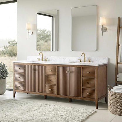 Vanity Art 84 inch Bathroom Vanity with Double Sink & Ceramic Top, Vanity Cabinet with Soft-Closing Door, Solid Wood Frame, Linear Pattern, Walnut, Golden Brushed Handware,Walnut
