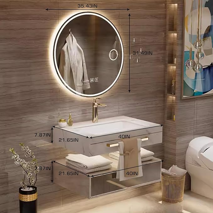 40 Inch Luxury Bathroom Vanity, Floating Bathroom Vanity with Sink and LED Round Smart Defogger Mirror, Multilayer solid wood Spacious Storage Drawer Include Faucet and Drain Fittings,Single Sink