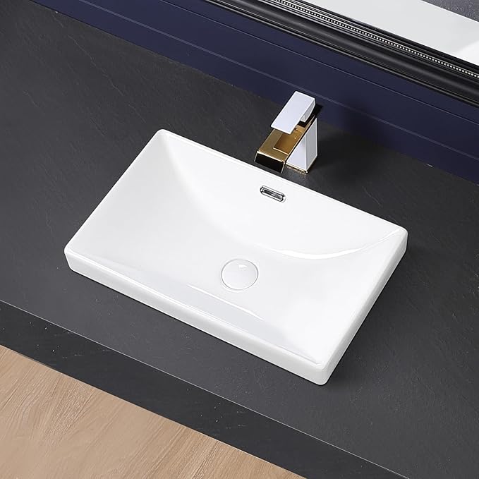 Semi Recessed Bathroom Sink 21"x13" Vessel Sink Drop-in White Porcelain Ceramic Modern Rectangular Sinks Basin Vanity Sinks with Overflow for Bathrooms
