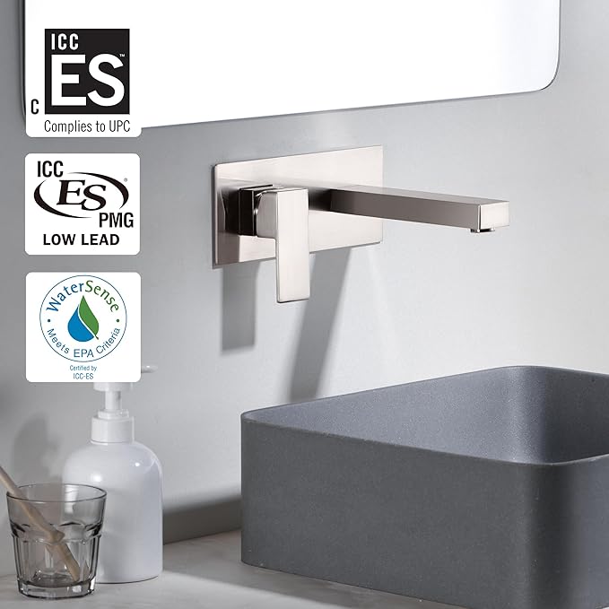 sumerain Brushed Nickel Bathroom Faucet Wall Mount Lavatory Sink Faucet with Rough-in Valve, Left-Handed Single Handle