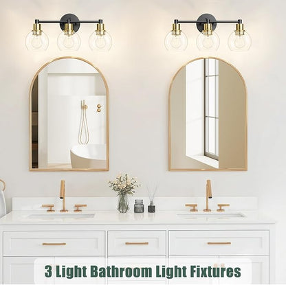 3 Light Bathroom Light Fixtures, Black and Gold Bathroom Vanity Lights, Modern Vanity Lights 3-Light Globe Bathroom Vanity Lighting Fixture Over Mirror