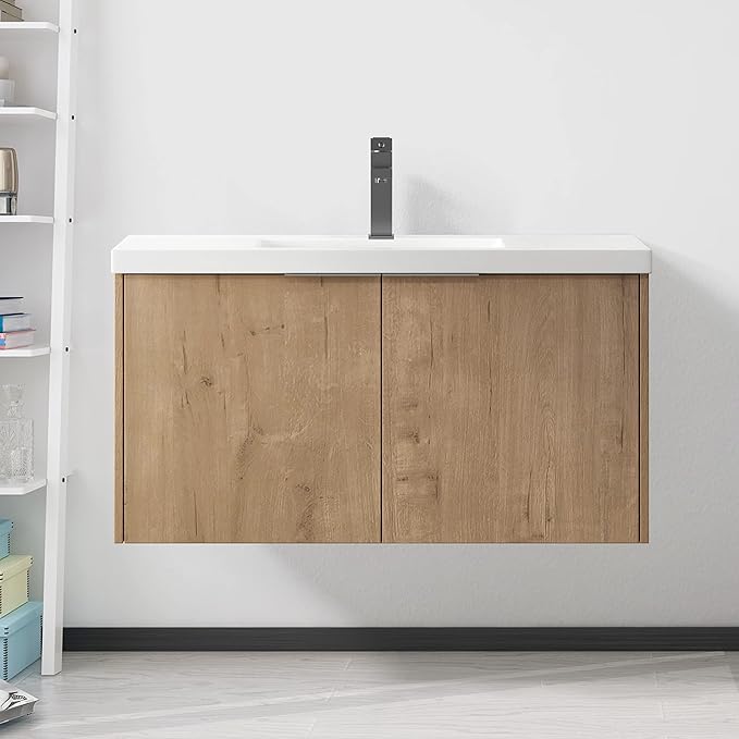 Henf 36" Wall Mount Bathroom Vanity with Sink Combo, Modern Floating Vanity with Soft Close Door, Solid Wood Cabinet with White Ceramic Integrated Sink for Small Space