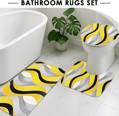 Bathroom Sets with Shower Curtain and Rugs, 4 Pcs Geometric Yellow | Striped Modern Grey Bathroom Decor Set with Toilet Lid Cover, Non-Slip Bath Mats and Accessories 12 Hooks