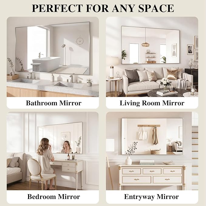 Koonmi Silver Rectangle Wall Mirror, 36x60 Inch Bathroom Mirror, Aluminum Frame Vanity Mirror for Entryway, Living Room, Bedroom Bathroom, Hangs Horizontally or Vertically