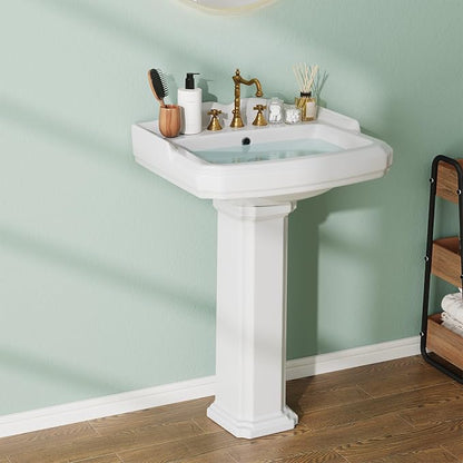 Bathroom Pedestal Sinks,Large 26.4" Bathroom Pedestal Sink 3-Hole 8" Spread Faucet Pre-Drilled Ceramic Vanity Basin
