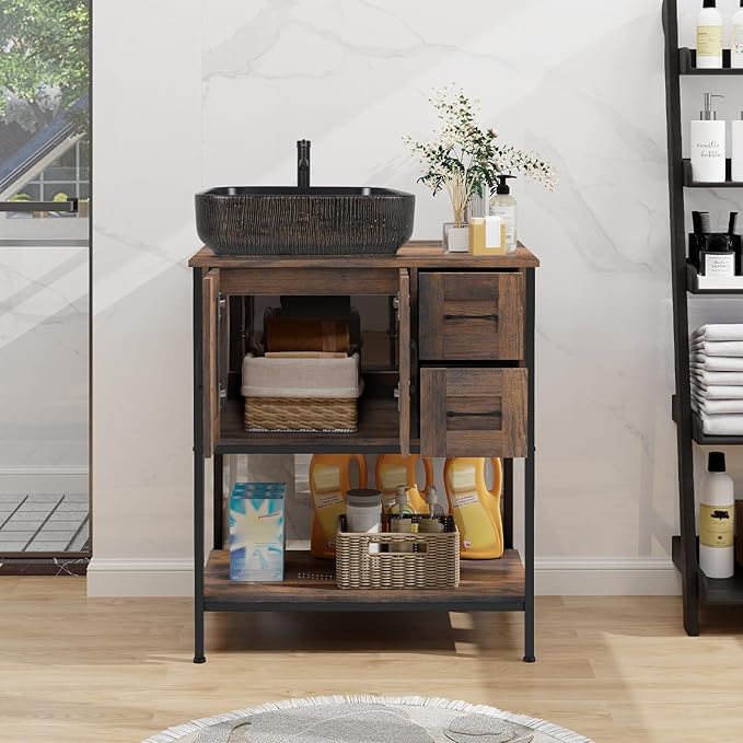 YOURLITE Bathroom Vanity, 30" Rustic Brown Bathroom Vanity with Sink Combo Set, Farmhouse Modern Wood Cabinet with Black Art Ceramic Vessel Sink