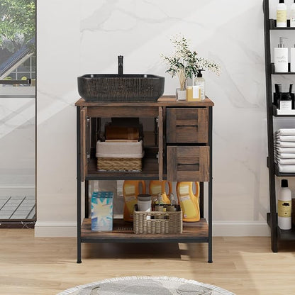 YOURLITE Bathroom Vanity, 30" Rustic Brown Bathroom Vanity with Sink Combo Set, Farmhouse Modern Wood Cabinet with Black Art Ceramic Vessel Sink