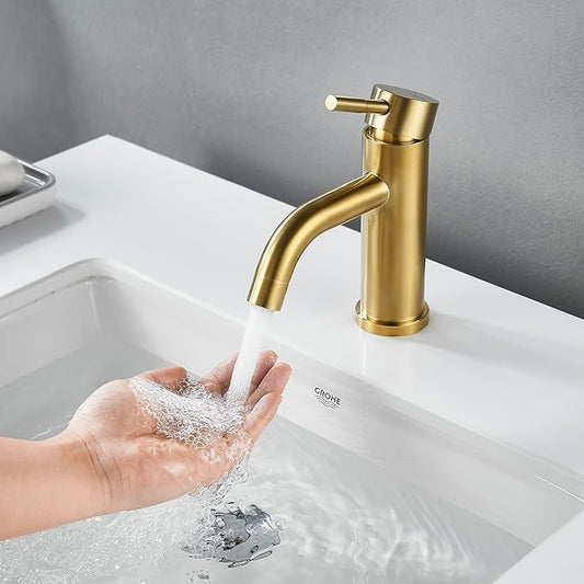 Modern Single Handle Bathroom Faucet Single Hole Brushed Gold Bathroom Sink Faucet Stainless Steel Commercial Basin Faucet (Brushed Gold No Drain)