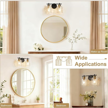 2 Light Black and Brass Vanity Light with Hammered Glass over Mirror Makeup | 13.7" Black and Gold Farmhouse Bathroom Light Fixtures, Vanity Lighting Fixtures, Rustic Vanity Lights for Bathroom Lights