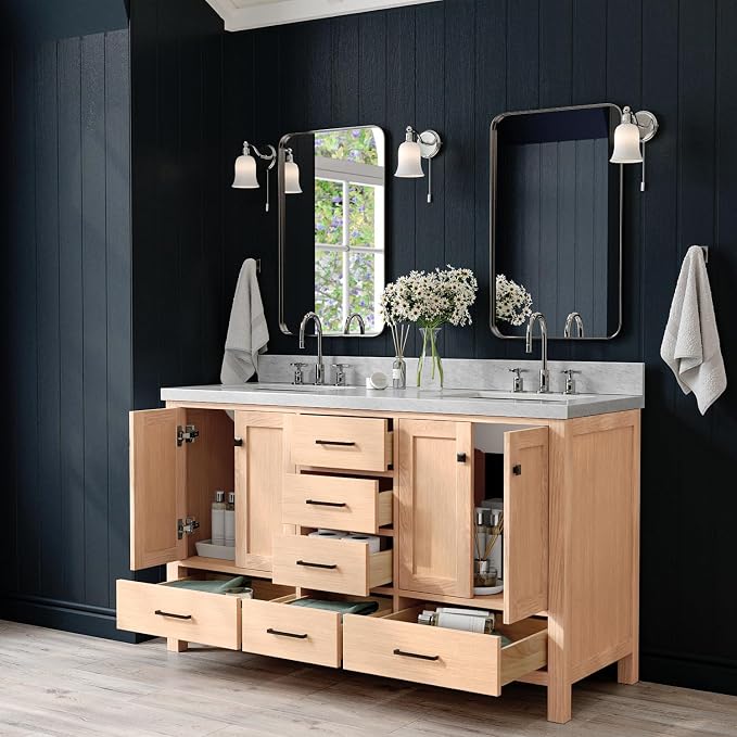 ARIEL Cambridge 60-inch Bathroom Vanity with Sink,Solid Wood, 1.5-inch Italian Carrara Marble Countertop, Double Rectangular Porcelain Sink, 4 Soft Closing Doors, 6 Dovetail Drawers, White Oak