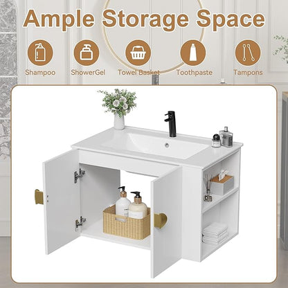 30 Inch Floating Vanity Bathroom with Sink, White Painted Bathroom Vanity Cabinet Combo with Ceramics Sink Top, Soft Close Cabinet Door & Open Storage Right Shelf, Modern Wall Mounted Vanity