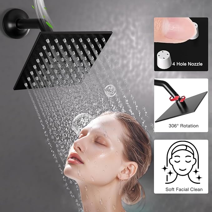 Luxury 20x14in LED Rainfall Mist Dual Shower System Can Run Togther | 4-way Thermostatic Digital Display Brass Valve, Ceiling Flush Mount Showerhead and 6in Tilt Shower, Brass Handheld, Black