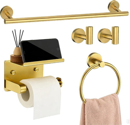5-Pieces Wall Mount Bathroom Hardware Set,22in Brushed Gold Towel Bar Set | Stainless Steel Waterproof Bathroom Accessories Set, Toilet Paper Holder with Shelf,Towel Ring,Coat Hook,Round