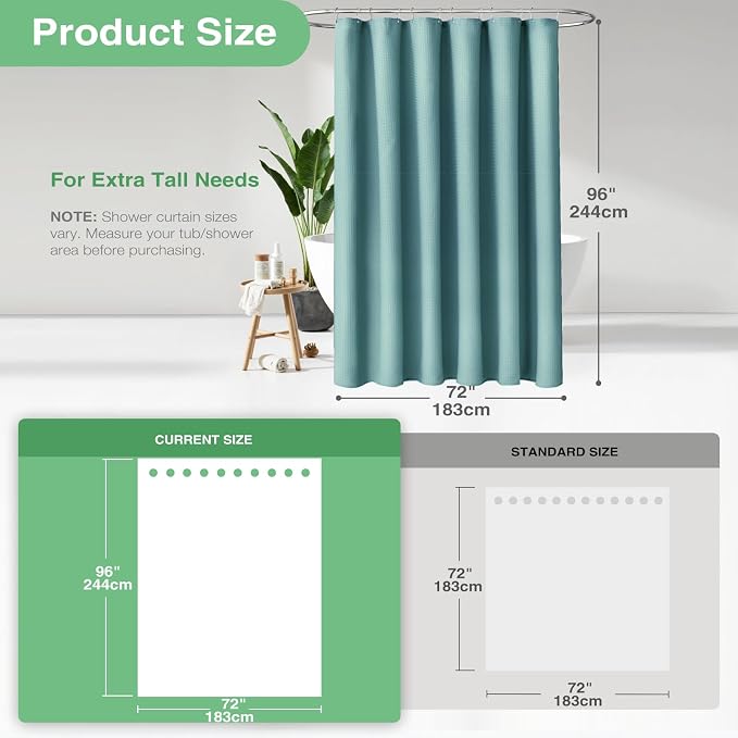 Extra Long Waffle Shower Curtain 256 GSM 72"x96" Teal/Turquoise | 96 Inch Tall, Thick Cloth, Weighted Hem, Water Repellent, Hotel Luxury Polyester Shower Curtain Set for Bathroom 12 Hooks