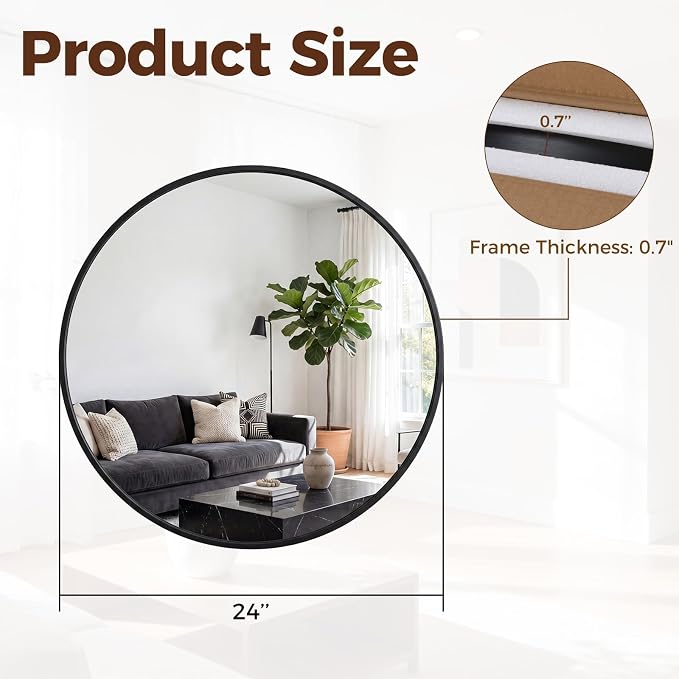 Sweetcrispy 24 Inch Round Wall Mirror, Bathroom Mirrors for Over Sink | Matte Metal Framed, Wall Decor for Bedroom, Entryway, Anti-Rust, Tempered Glass, Hanging or Leaning, Black