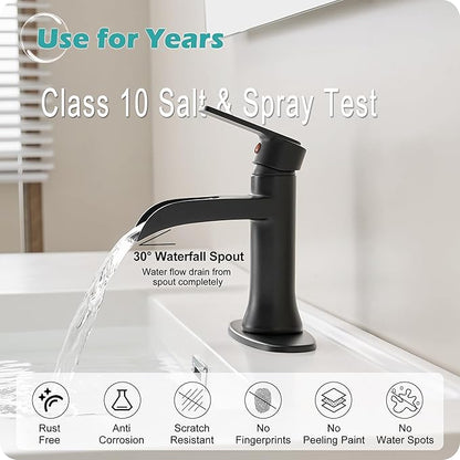 Matte Black Waterfall Bathroom Faucets, 1 Hole or 3 Hole (4 Inch) Bathroom Sink Faucet with Drain, Deck Plate, 1 Handle for Vanity, Restroom, RV, Modern, Brass Material