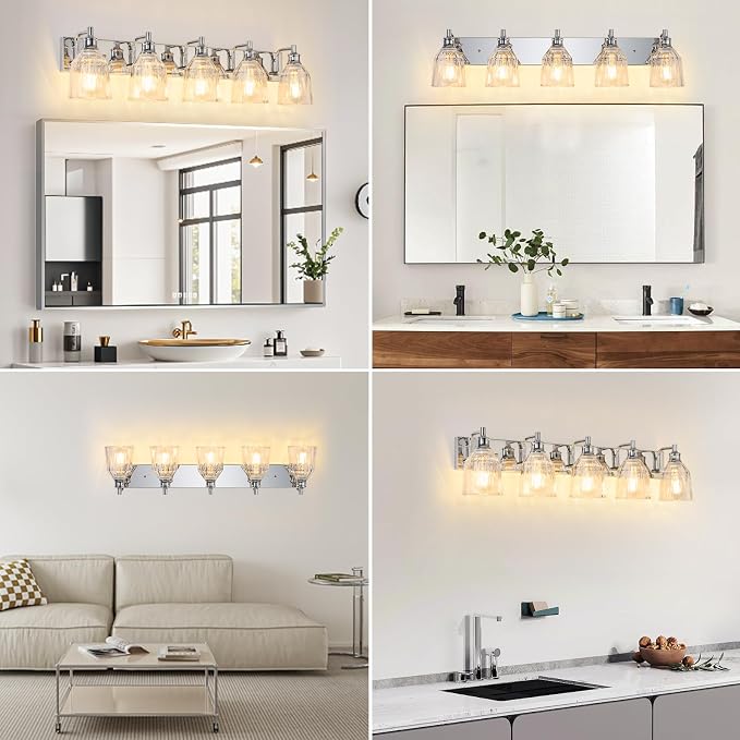 5 Light Bathroom Light Fixtures Modern Chrome Vanity Lights for Bathroom Lighting Fixtures Over Mirror with Thickened Glass Shade for Cabinet Mirror Bedroom Hallway