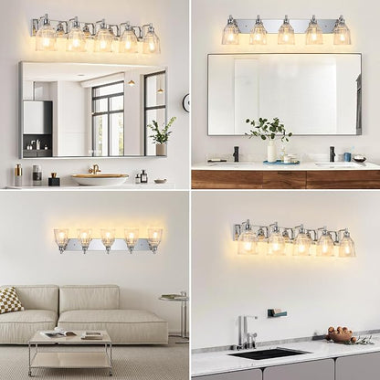 5 Light Bathroom Light Fixtures Modern Chrome Vanity Lights for Bathroom Lighting Fixtures Over Mirror with Thickened Glass Shade for Cabinet Mirror Bedroom Hallway