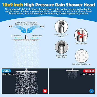 Hibbent All Metal cUPC Certified Shower Head, 10'' High Pressure Rainfall Shower Head, Showerhead Combo, Handheld Shower Wand, 12'' Adjustable Extension Arm, 4-Spray, 71'' Hose, Shower Holder, Chrome