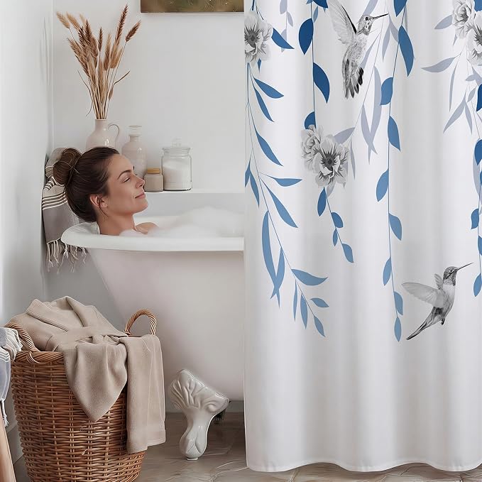 No Hook Floral Shower Curtain with Liner, Blue Grey, 71x74 | Snap in Liner, 3 in 1, Water Repellent, Easy Install, Machine Washable, Hotel Style for Bathroom, Watercolor Pattern