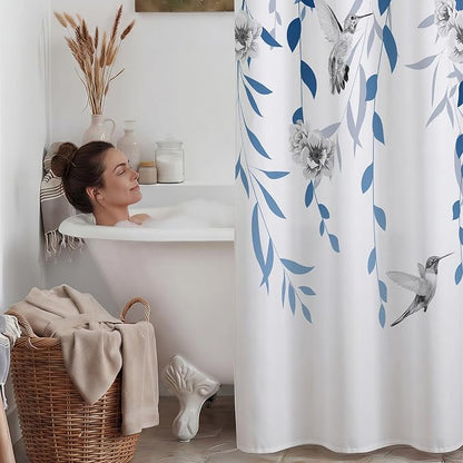 No Hook Floral Shower Curtain with Liner, Blue Grey, 71x74 | Snap in Liner, 3 in 1, Water Repellent, Easy Install, Machine Washable, Hotel Style for Bathroom, Watercolor Pattern