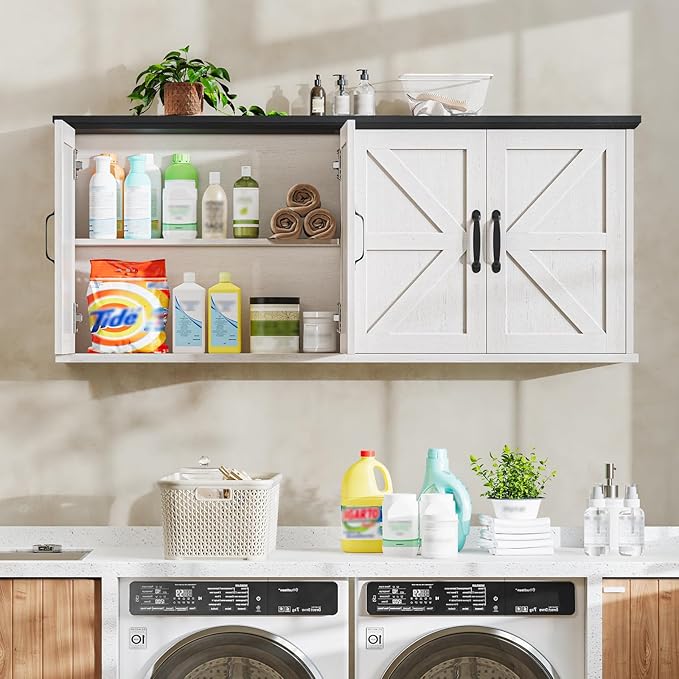 47" Laundry Room Cabinets and Storage with 4 Doors and Utility Adjustable Shelf, Large Wall Mounted Storage Cabinet, Upper Kitchen Cabinet for Laundry, Bathroom, and Kitchen, White and Black