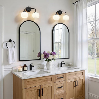 RUIYEY Bathroom Vanity Light Fixtures: 2-Light Black Bathroom Lighting Fixtures Over Mirror with Milky White Frosted Glass Shade, Farmhouse Modern Wall Light for Bathroom