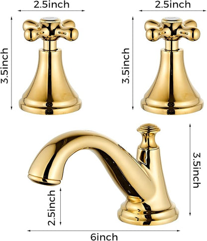 Vintage Widespread Bathroom Faucet, Gold 3-Hole Sink Faucet with Drain Assembly, Solid Brass, Drip-Free Ceramic Cartridge, Adjustable 8-16 Inch Installation