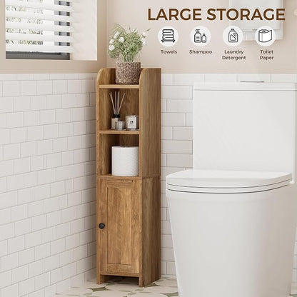 Homhedy Small Bathroom Storage Cabinet, Narrow Toilet Paper Cabinet | Corner Floor Cabinet with Door and Shelves, Slim Bathroom Cabinet for Small Spaces, 7.9" D x 7.1" W x 31" H, Rustic Walnut