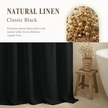 Linen Shower Curtain Black, Fabric Boho Farmhouse Shower Curtains for Bathroom Cotton Natural Cloth Liner Set 54" W x 72" L