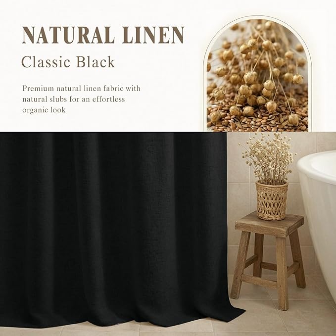 Linen Shower Curtain Black, Fabric Boho Farmhouse Shower Curtains for Bathroom Cotton Natural Cloth Liner Set 48" W x 72" L