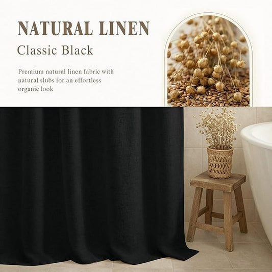 Linen Shower Curtain Black, Fabric Boho Farmhouse Shower Curtains for Bathroom Cotton Natural Cloth Liner Set 60" W x 72" L