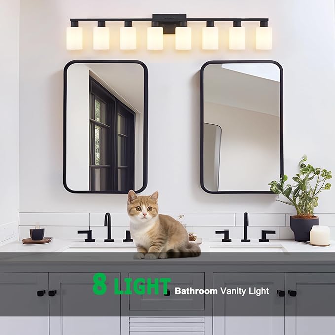 8 Light Bathroom Vanity Light, Black Bathroom Light Fixtures, 8-Light Vanity Lights for Huge Mirror, Matte Black 8 Light Wall Sconce with Milky White Frosted Glass Shades for Living Room Bath Makeup