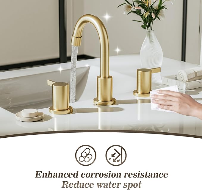 Phiestina Brushed Gold 3 Hole 8 Inch Widespread Bathroom Sink Faucet, Bathroom Faucet Set with Metal Pop UP Drain and Valve, WF15-1-BG