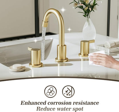 Phiestina Brushed Gold 3 Hole 8 Inch Widespread Bathroom Sink Faucet, Bathroom Faucet Set with Metal Pop UP Drain and Valve, WF15-1-BG