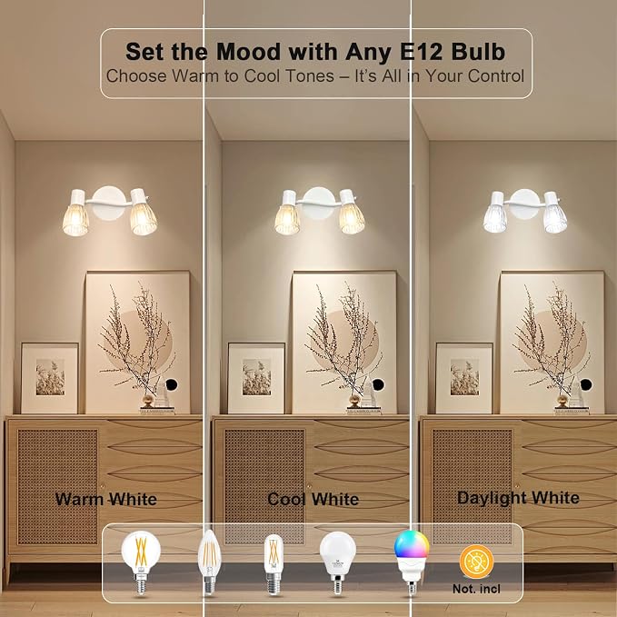 HiBay 2-Light Track Lighting, Adjustable Modern Ceiling Light Fixture White | with Glass Shades, Flush Mount Wall Spotlight Indoor for Kitchen, Bedroom, Living Room, E12 Base, No Bulbs