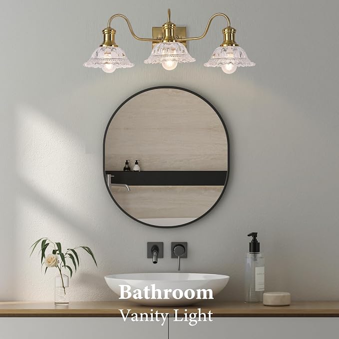 Champagne Gold Vanity Lights, 3-Light Bathroom Light Fixtures with Clear Glass Shade, Vintage Vanity Lights Over Mirror, Farmhouse Wall Light for Bathroom, Vanity Table, Bedroom, Hallway
