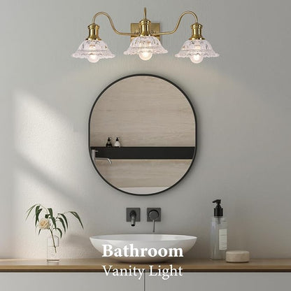 Champagne Gold Vanity Lights, 3-Light Bathroom Light Fixtures with Clear Glass Shade, Vintage Vanity Lights Over Mirror, Farmhouse Wall Light for Bathroom, Vanity Table, Bedroom, Hallway