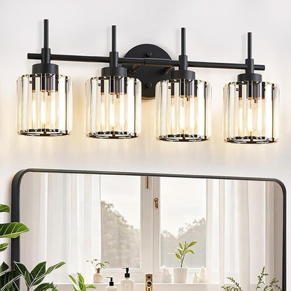 4 Light Round Crystal Vanity Lights, Modern Black Crystal Wall Light Bath Mirror Light Fixture Over Mirror Bathroom Wall Sconces for Bathroom Living Room
