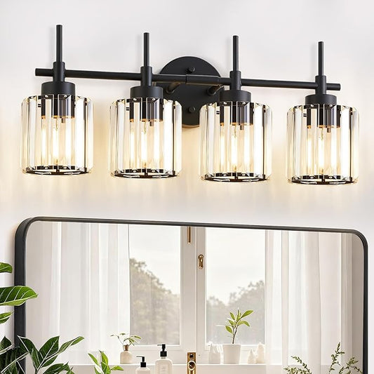 4 Light Round Crystal Vanity Lights, Modern Black Crystal Wall Light Bath Mirror Light Fixture Over Mirror Bathroom Wall Sconces for Bathroom Living Room