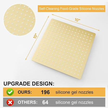10 In Rain Shower Head High Pressure Rainfall Shower Head Brushed Gold | Square Rain Bathroom Showerhead, High Flow, Large Stainless Steel, Ceiling Mounted, Wall Mounted, Waterfall Full Body