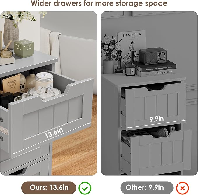 FOTOSOK Bathroom Cabinet, Bathroom Storage Cabinet with 5 Drawers, Grey | Narrow Bathroom Storage with Cut-Out Handles, 11.8” x 15.7” x 40.1”, Slim & Small Floor Cabinet for Laundry/Hallway