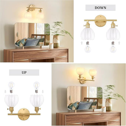 Bathroom Light Fixtures, 2-Light Brass Vanity wall Light Over Mirror with White Tulip Glass Shade for Bedroom Living Room (Bulb Not Included)